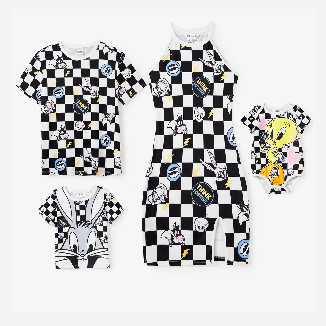 Looney Tunes Family Matching Black and White Checkered with Character Print Tee/Sleeveless Halter Dress/Romper Multi-color big image 1