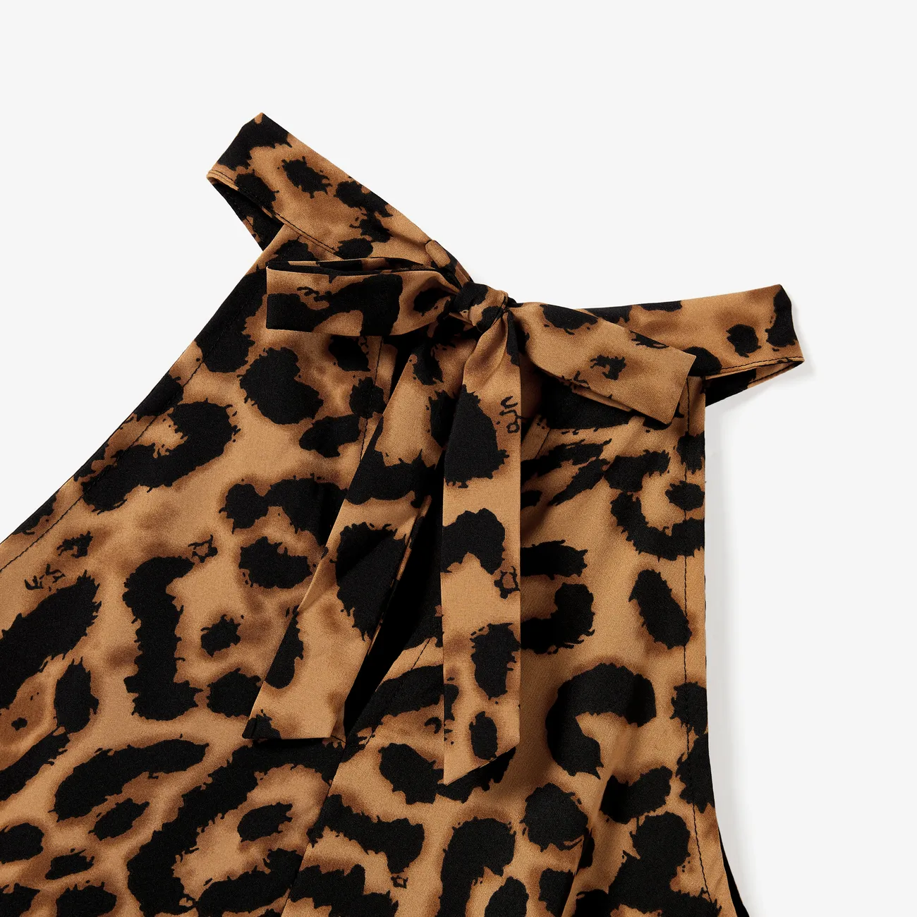 Family Matching Black Tee and Leopard Print High Neck Halter Tie Back Dress Sets Khaki big image 1