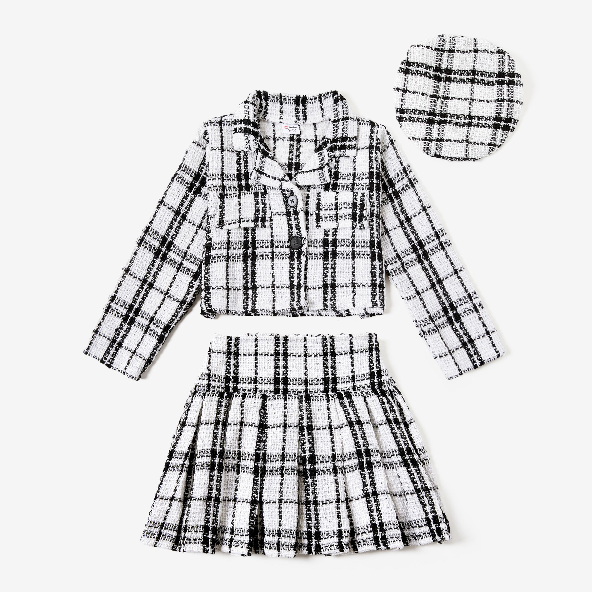 

3pcsToddler Girl's Solid Color Classic Grid Houndstooth Suit Dress Set with Hat