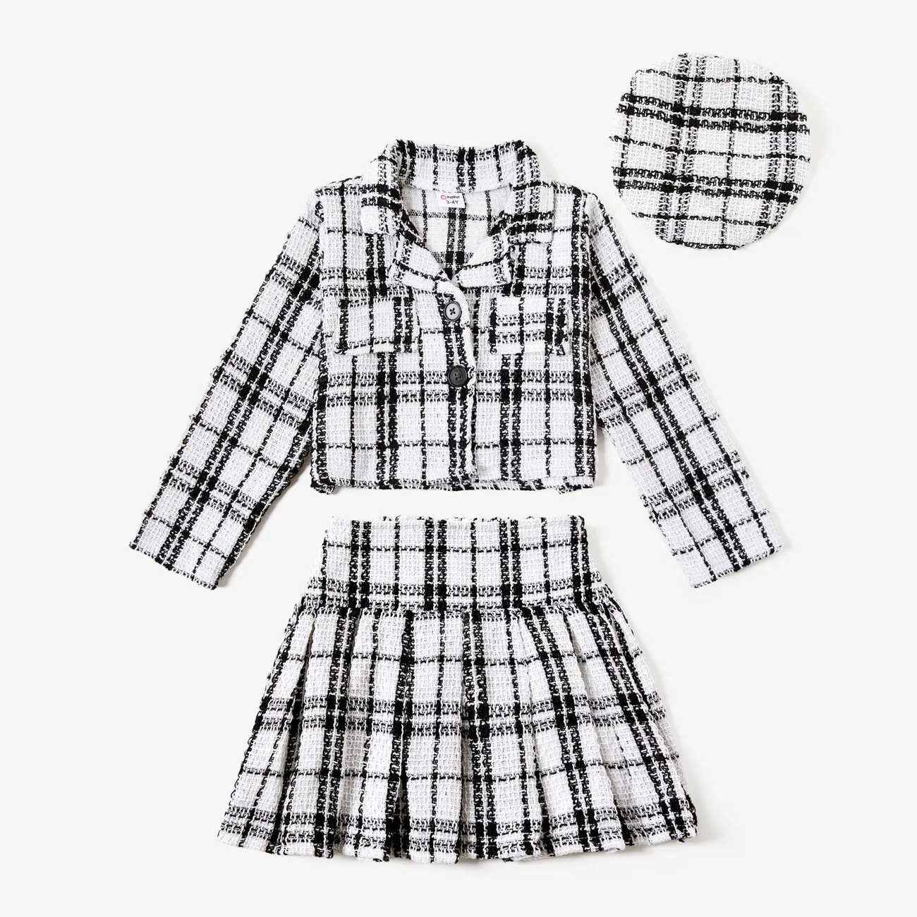 3pcsToddler Girl's Solid Color Classic Grid Houndstooth Suit Dress Set with Hat