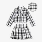 3pcsToddler Girl's Solid Color Classic Grid Houndstooth Suit Dress Set with Hat BlackandWhite