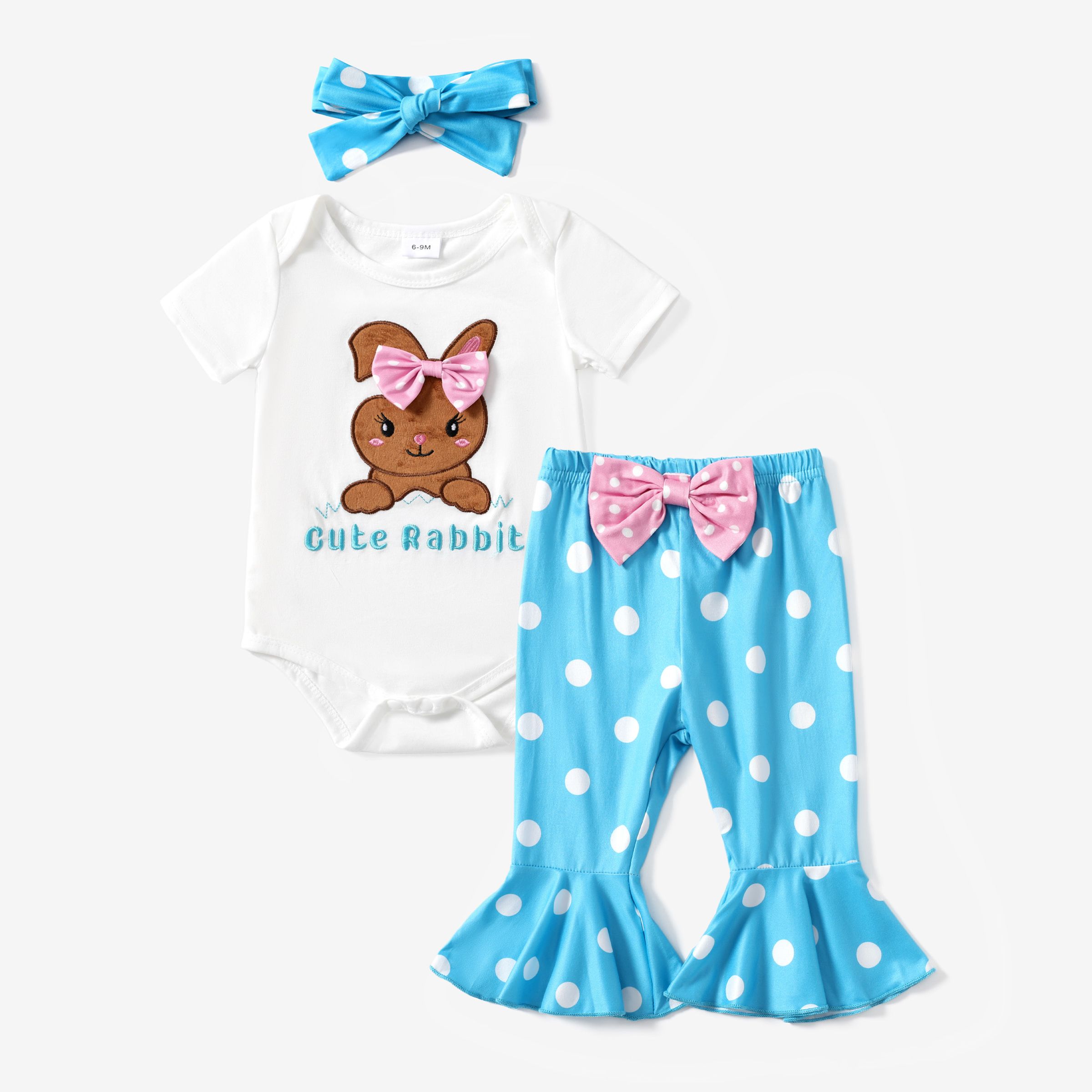 

Baby Girls' Easter Animal Pattern Bunny Embroidered Bodysuits and Ruffle Edge Pants Headband Set