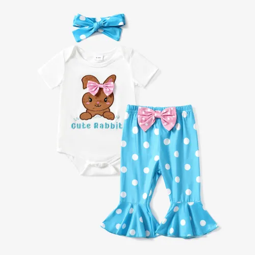Bebê Meninas 'Páscoa Animal Pattern Bunny bordado Bodysuits e Ruffle Edge Pants Headband Set 