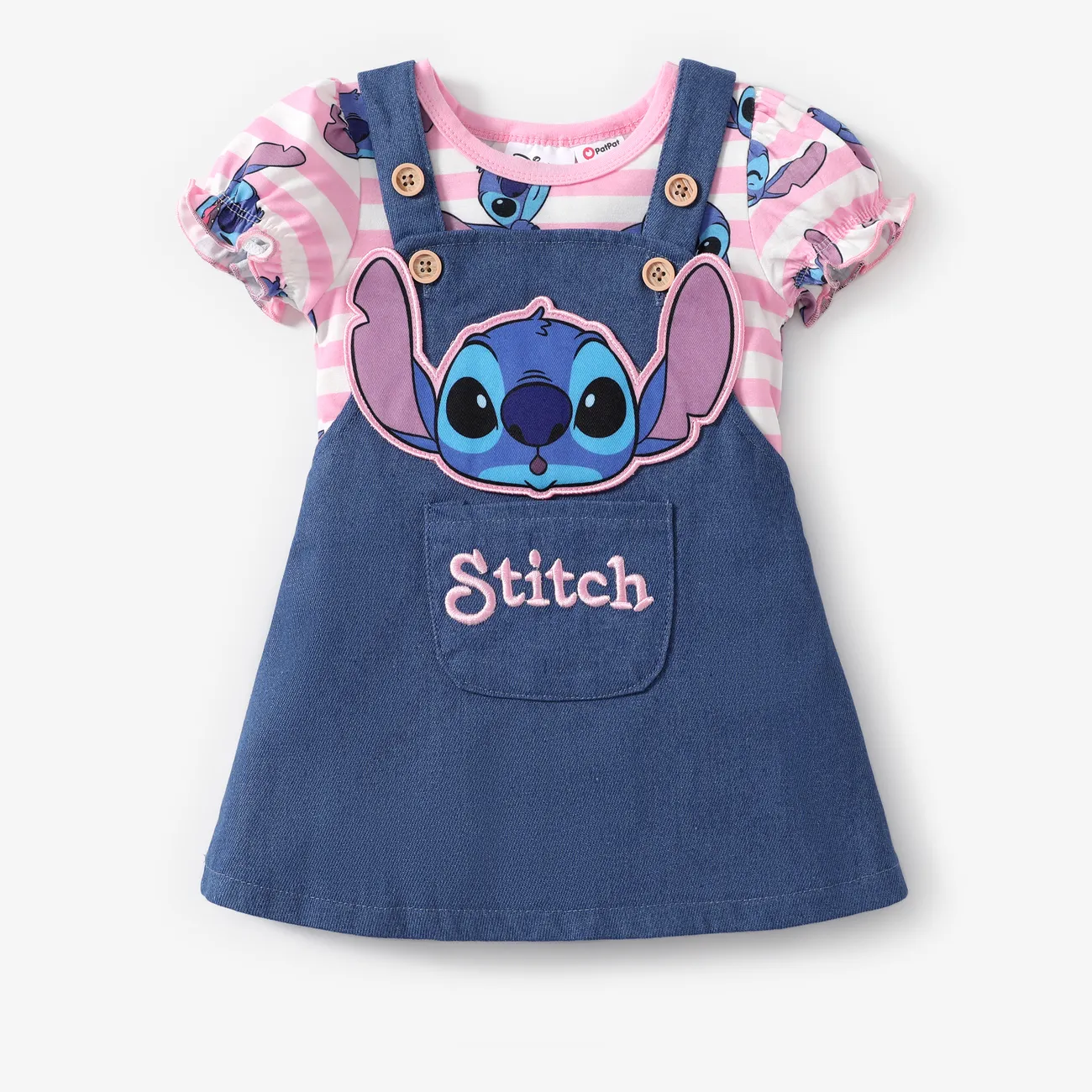 Disney Stitch Baby Girls 2pcs Naia™ Stiped Character All-over Print Puffy-sleeve Romper with 3D Character Embroidery Denim Overalls Dress Set Color block big image 1