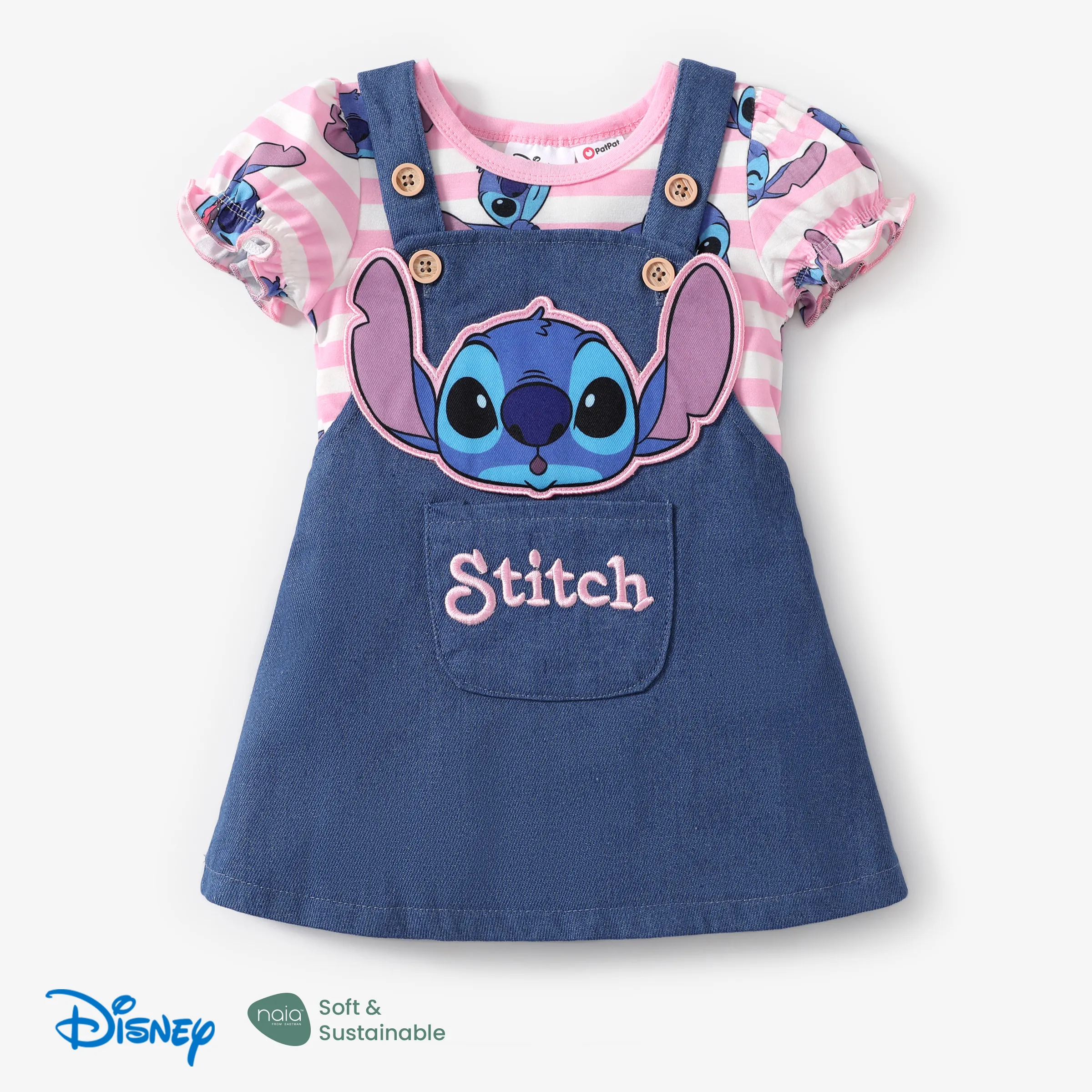 

Disney Stitch Baby Girls 2pcs Naia™ Stiped Character All-over Print Puffy-sleeve Romper with 3D Character Embroidery Denim Overalls Dress Set
