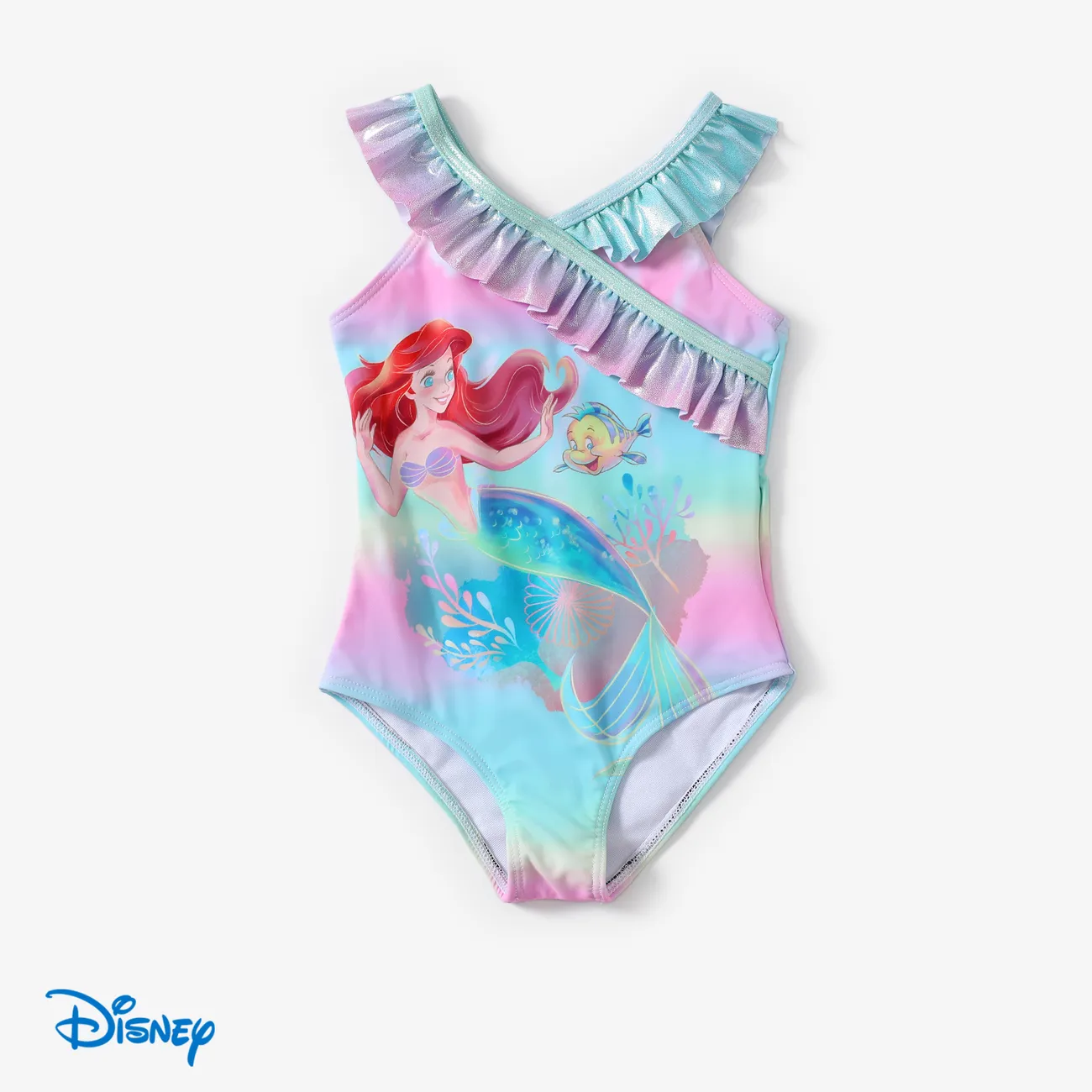Disney Princess Toddler Girls 1pc Ariel Mermaid Gradient Print Metallic Ruffled Layers Swimsuit  Multi-color big image 1