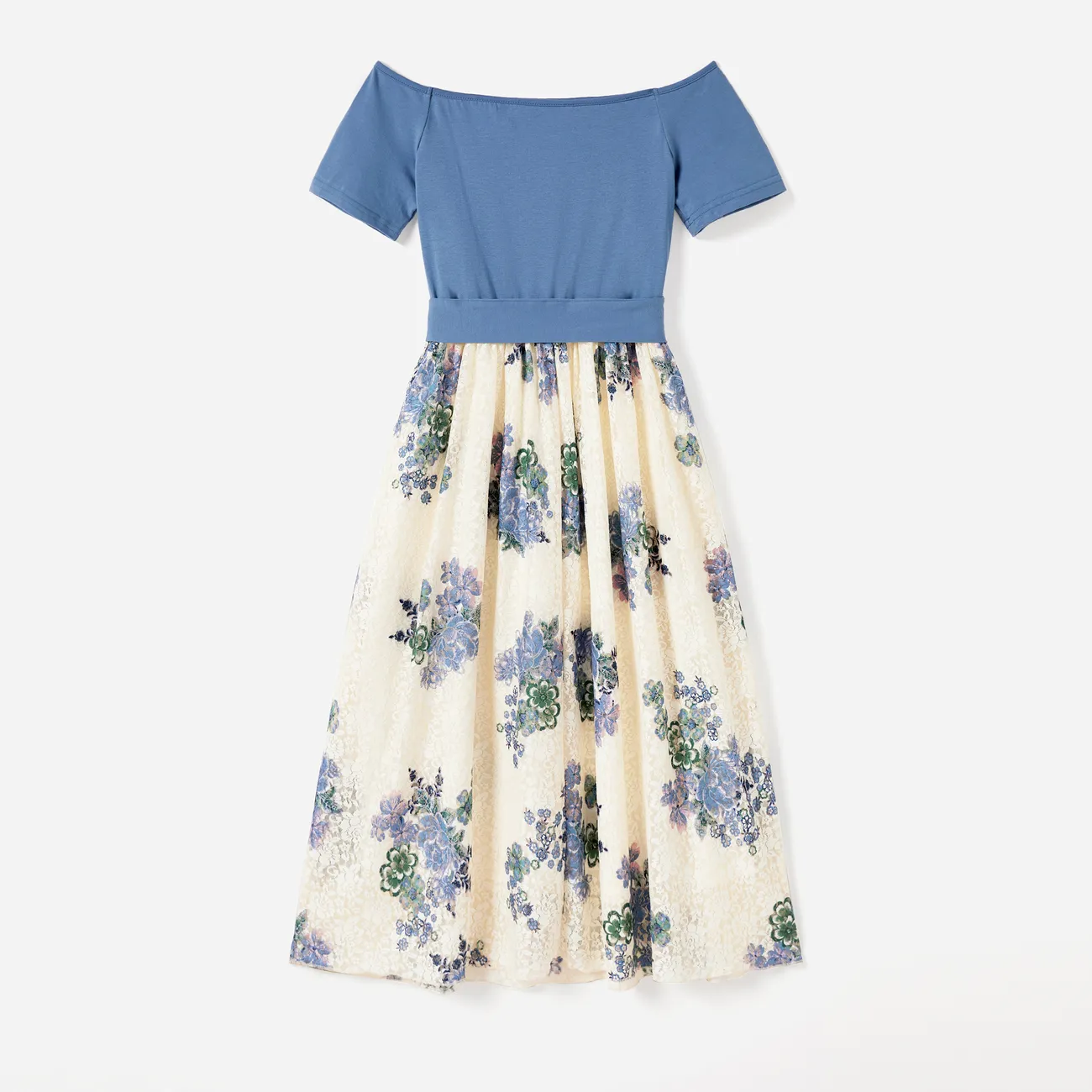 Family Matching Panel Stripe Tee and Open Shoulder Floral Lace Bottom Dress Sets Blue big image 1