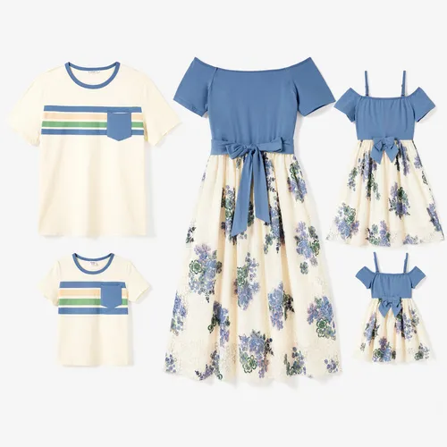 Family Matching Panel Stripe Tee and Open Shoulder Floral Lace Bottom Dress Sets