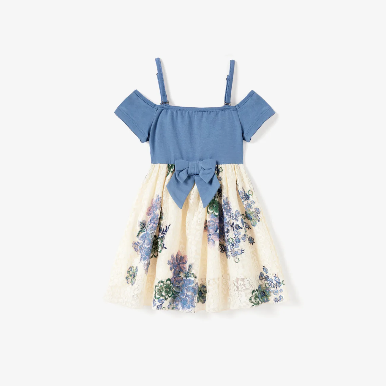 Family Matching Panel Stripe Tee and Open Shoulder Floral Lace Bottom Dress Sets Blue big image 1
