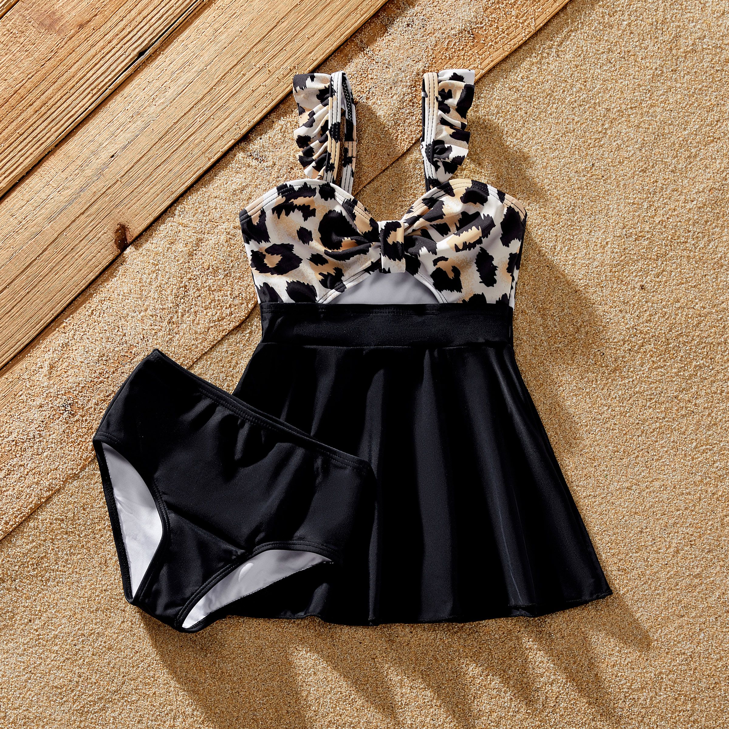 

Family Matching Swimsuit Leopard Print Splicing Black Cross Front Tankini or Drawstring Swim Trunks