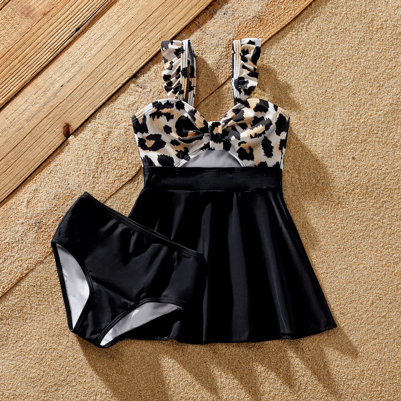 Family Matching Swimsuit Leopard Print Splicing Black Cross Front Tankini or Drawstring Swim Trunks Black big image 1