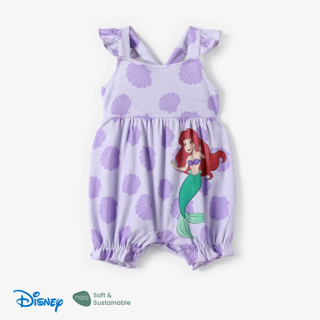 Disney Princess Baby Girls Ariel 1pc Naia™ Mermaid Shell/Princess Allover Print Flutter-sleeve Romper Purple big image 1