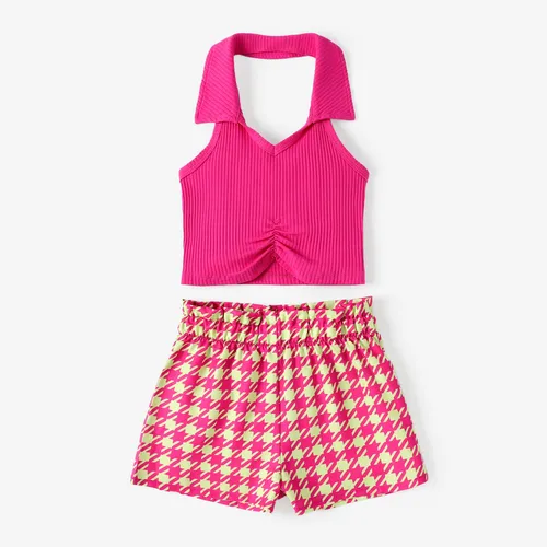 Kid Girl 2pcs Fashionable Lapel Tank Top and Grid Print Shorts Set