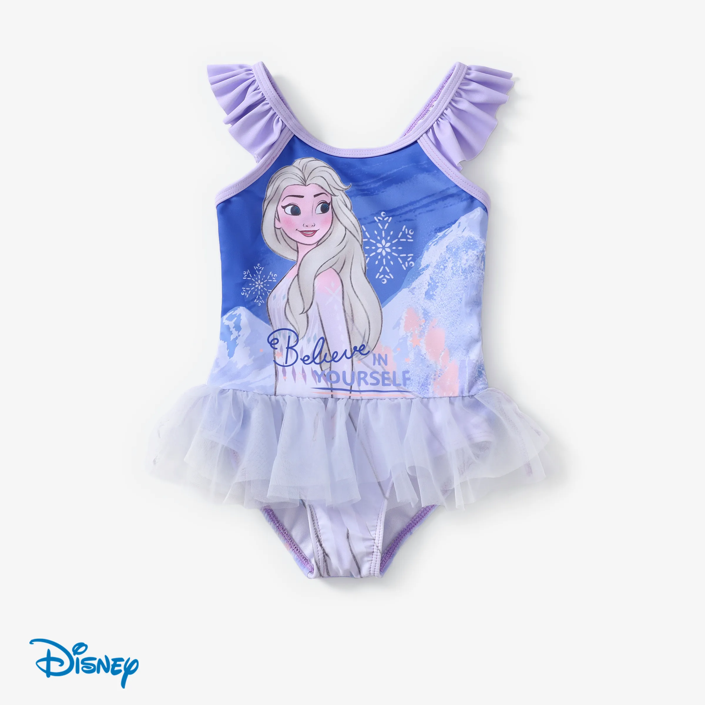 Disney Frozen Toddler Girls Elsa 1件角色印花荷葉邊袖網眼泳衣