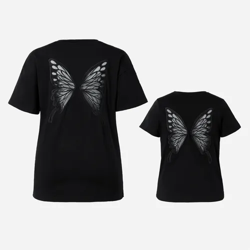 Mommy and Me Camiseta de algodón de manga corta con patrón de alas de mariposa de malla negra a juego