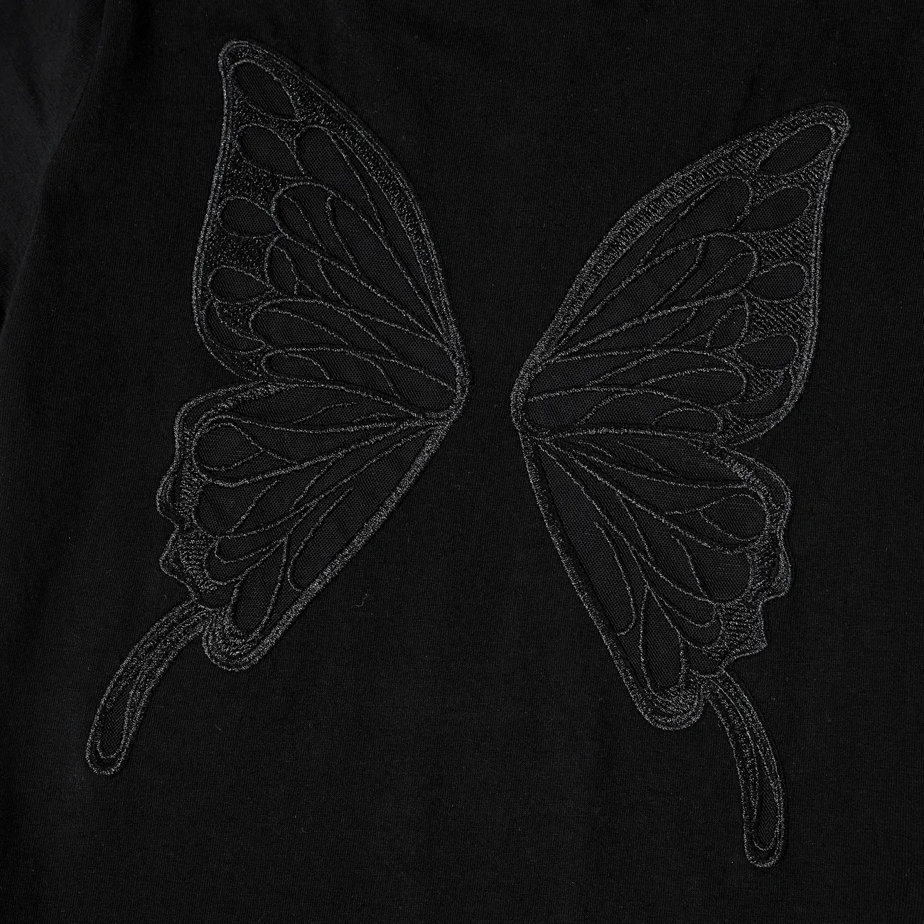 Mommy and Me Black Mesh Butterfly Wing Pattern Short-Sleeve Cotton Matching Top Black big image 1