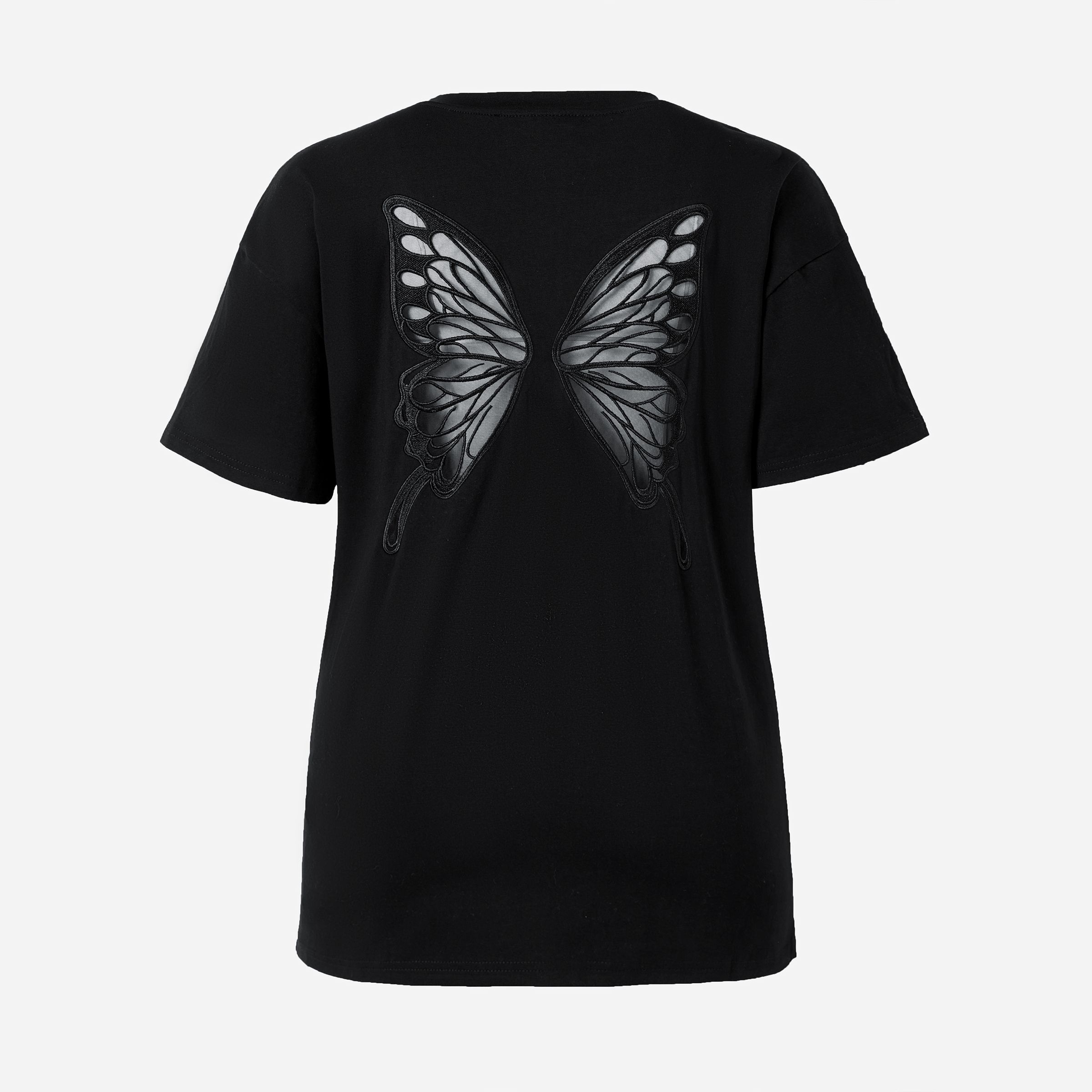 Mommy and Me Black Mesh Butterfly Wing Pattern Short-Sleeve Cotton Matching Top