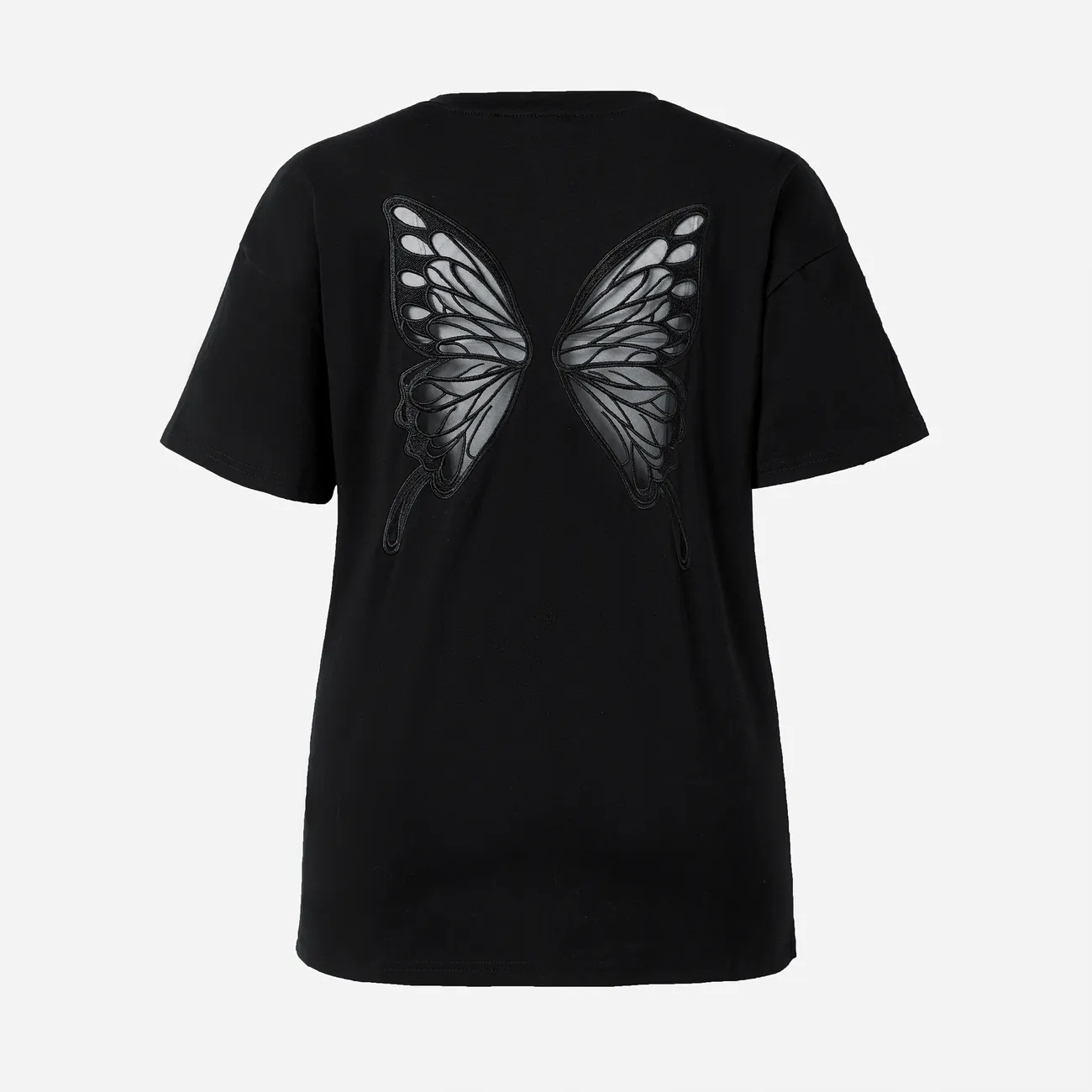 Mommy and Me Black Mesh Butterfly Wing Pattern Short-Sleeve Cotton Matching Top Black big image 1
