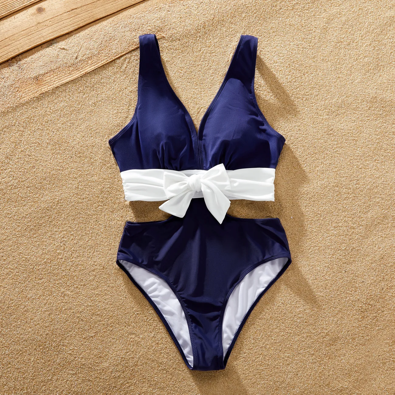 Family Matching Swimsuit Drawstring Swim Trunks or V-neck Cut Out Waist Mesh Layer One-Piece Swimsuit Deep Blue big image 1