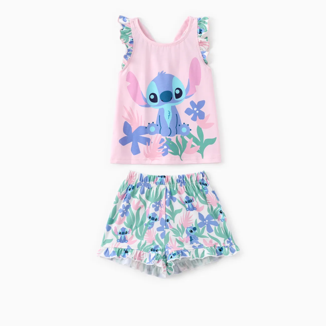Disney Stitch Toddler Girls 2pcs Naia™ Character Floral Ruffle tank top with Plant Tropical Flower Print Shorts Set  Light Pink big image 1