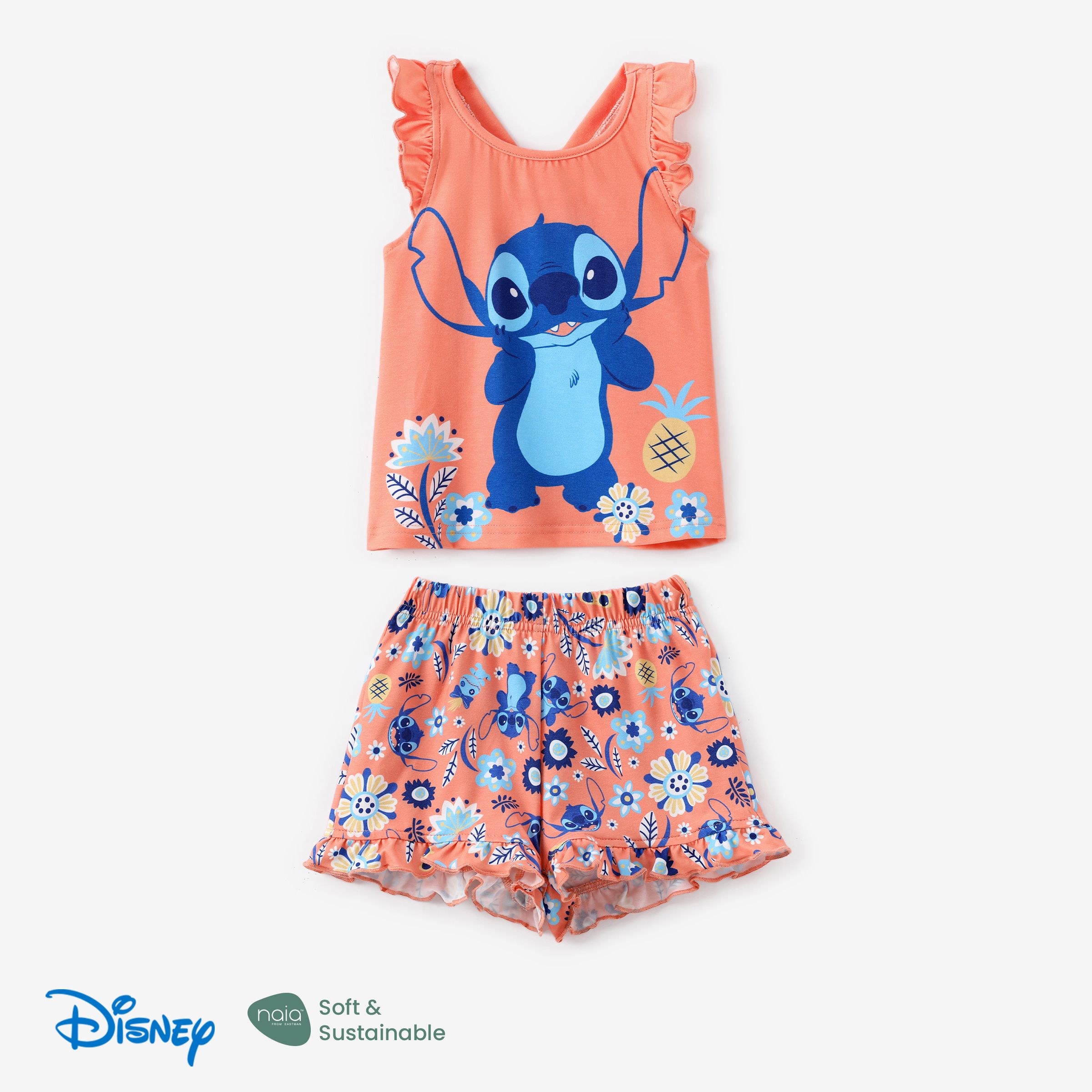 

Disney Stitch Toddler Girls 2pcs Naia™ Character Floral Ruffle tank top with Plant Tropical Flower Print Shorts Set