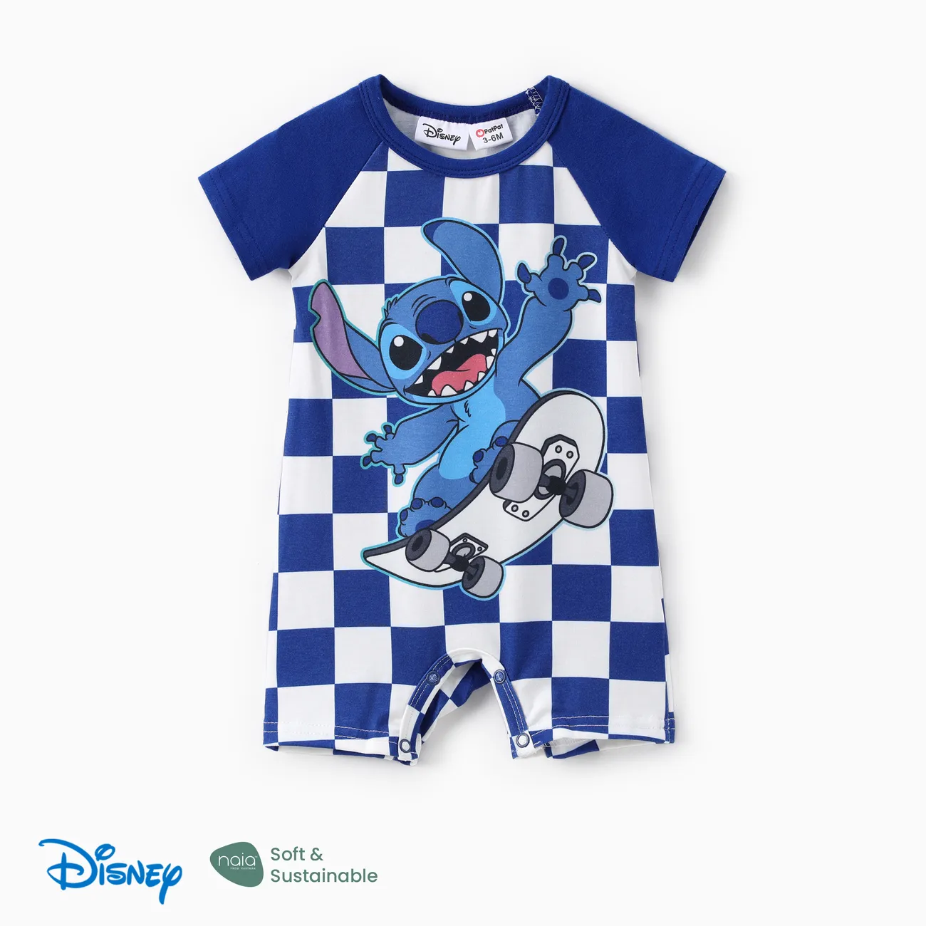 Disney Stitch Baby Boys/Girls 1pc Naia™ Character Grid/chessboard Print Romper Blue big image 1