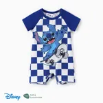 迪士尼針跡 嬰兒 中性 布料拼接 童趣 短袖 連身衣 藍色