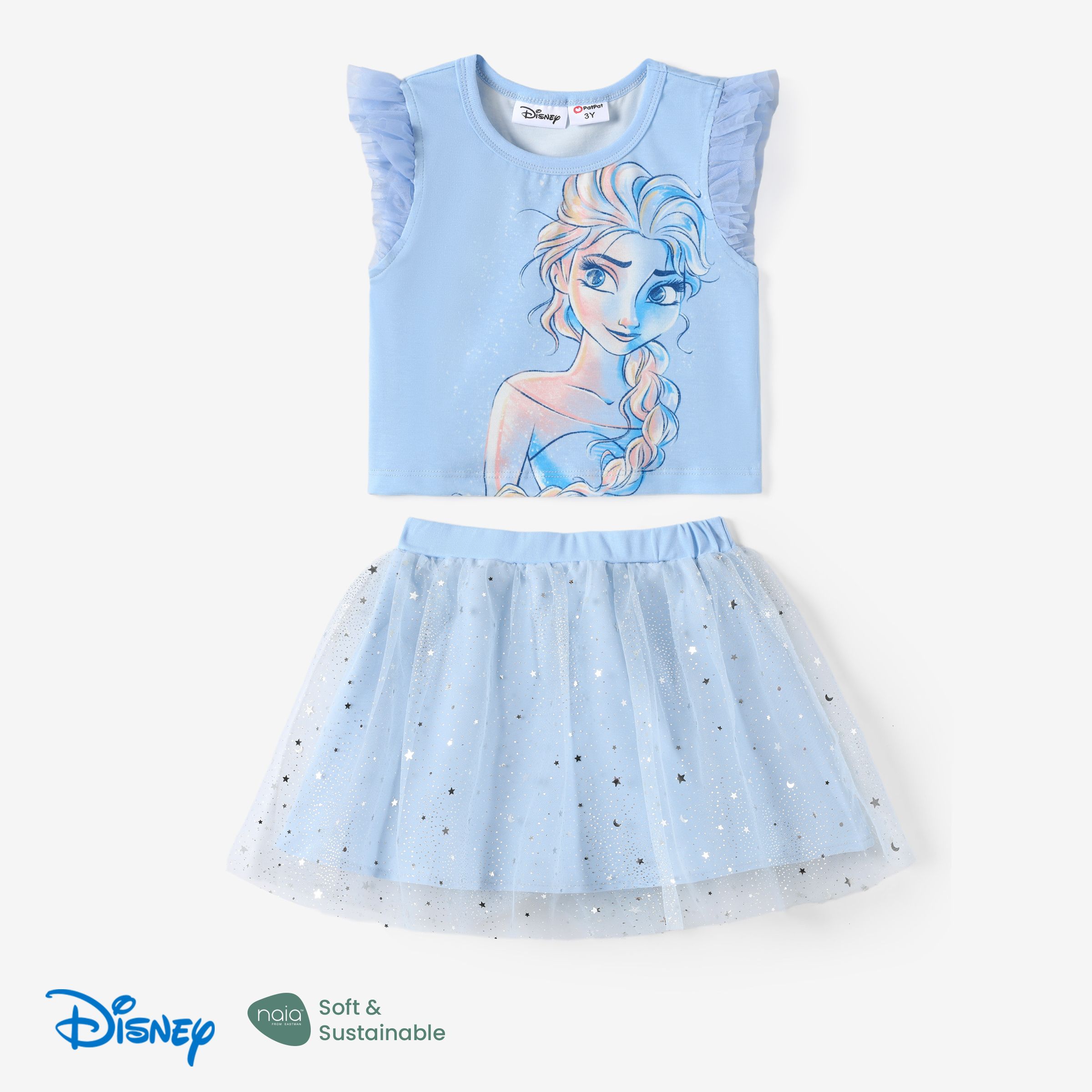 迪士尼冰雪奇緣幼兒女孩 Elsa/Anna/Olaf 2 件 Naia™ 角色印花多層荷葉邊上衣帶網眼半身裙套裝