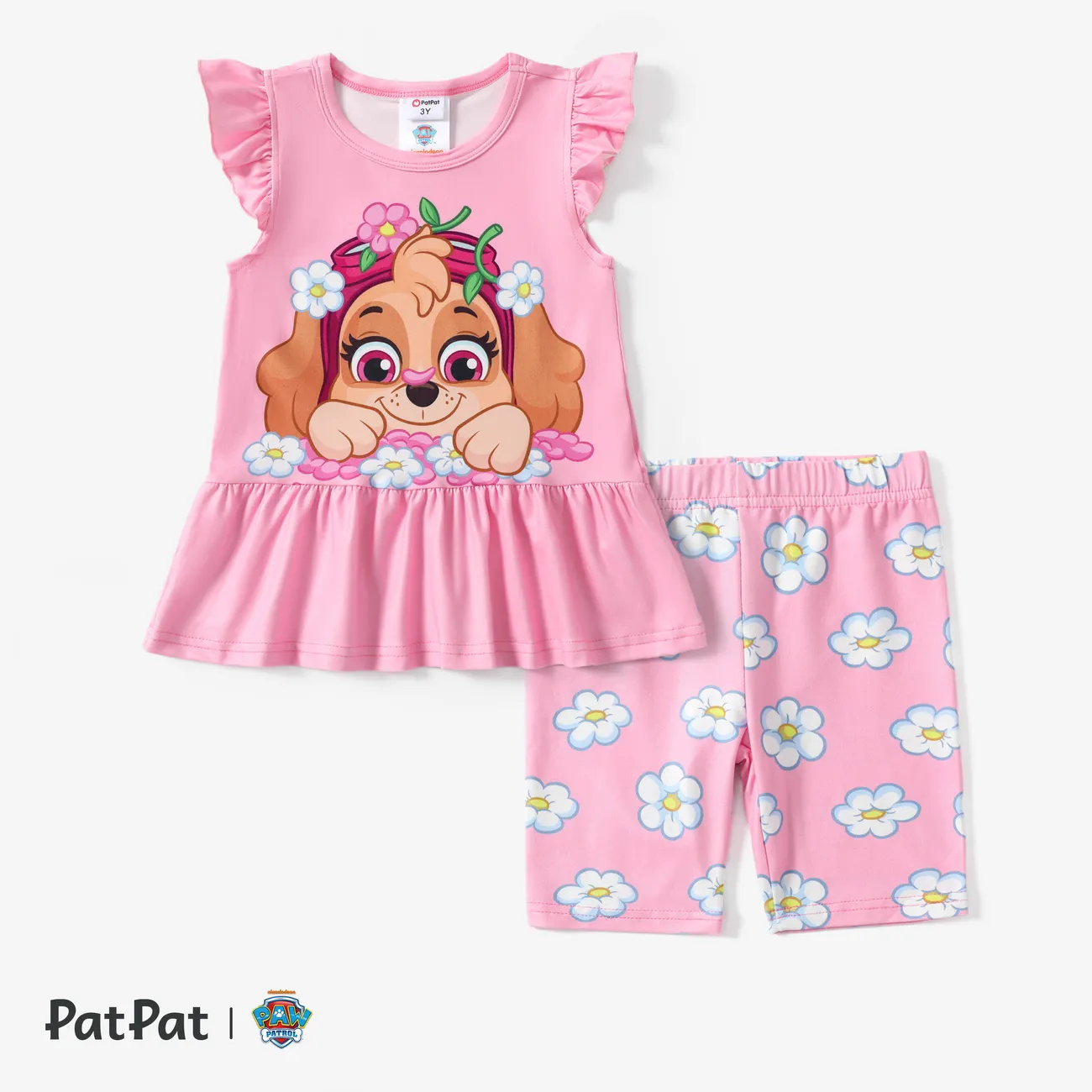Paw Patrol Toddler Girls 2pcs Cute Character Floral Print Flutter-sleeve Top with Flower Rainbow Print Leggings Set Pink big image 1