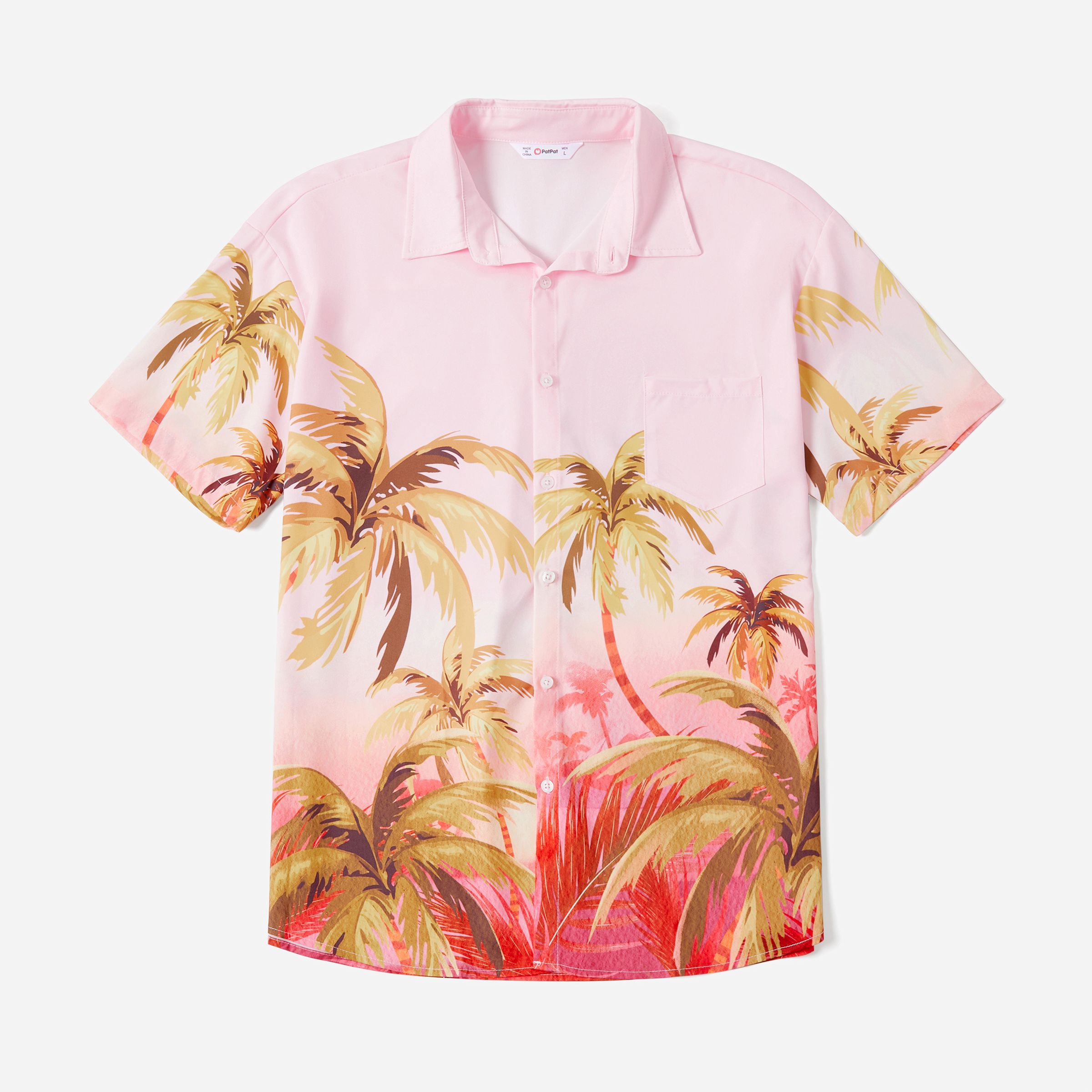 Family Matching Beach Shirt and Pink Tropical Plant Floral V Neck Bow Side Dress Sets