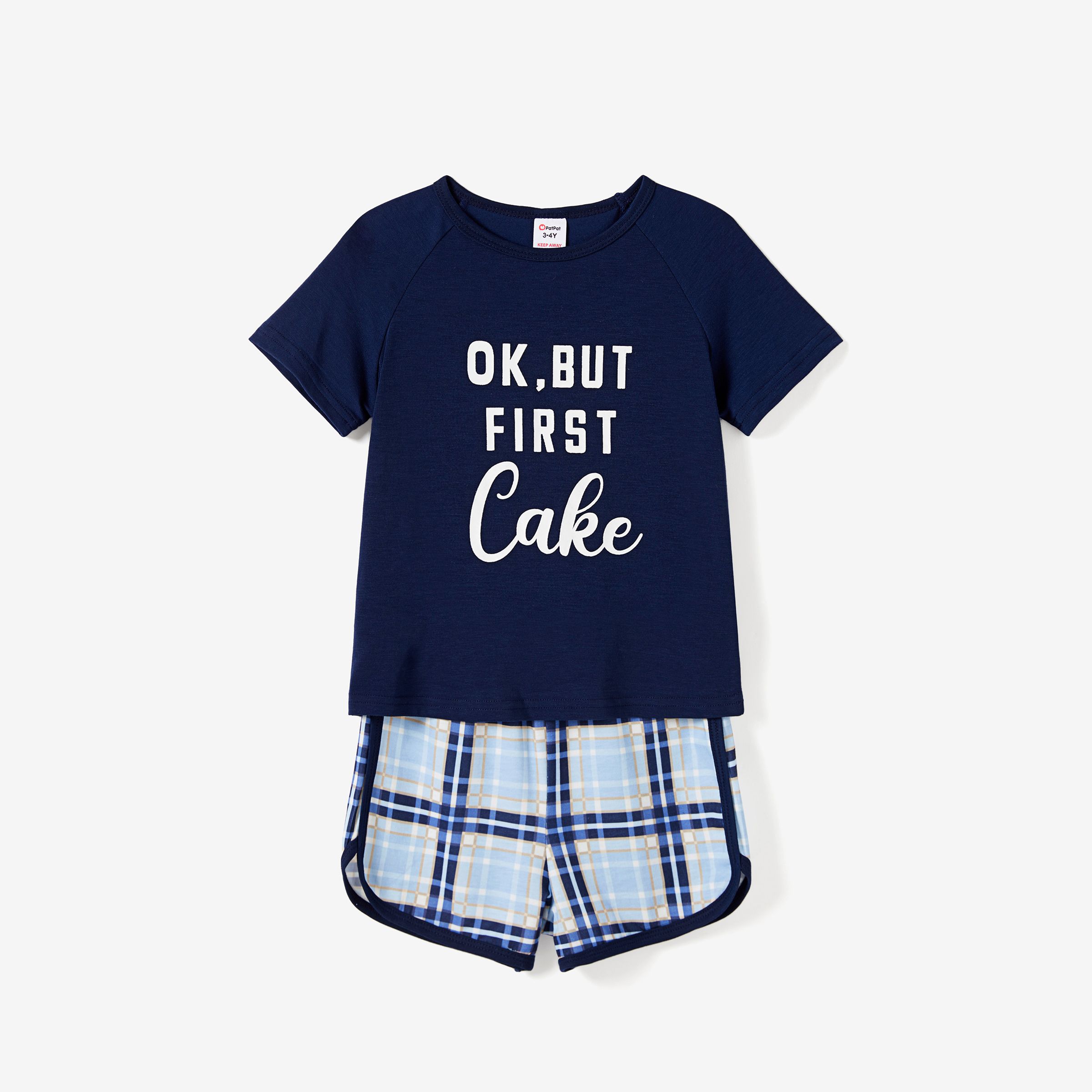 Family Matching Pajamas Sets Glow in the Dark Slogan Dark Blue Top and Plaid Drawstring Shorts (Flam