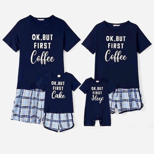 Conjuntos de pijamas a juego para la familia Glow in the Dark Slogan Top azul oscuro y pantalones cortos con cordón a cuadros (resistentes a las llamas)