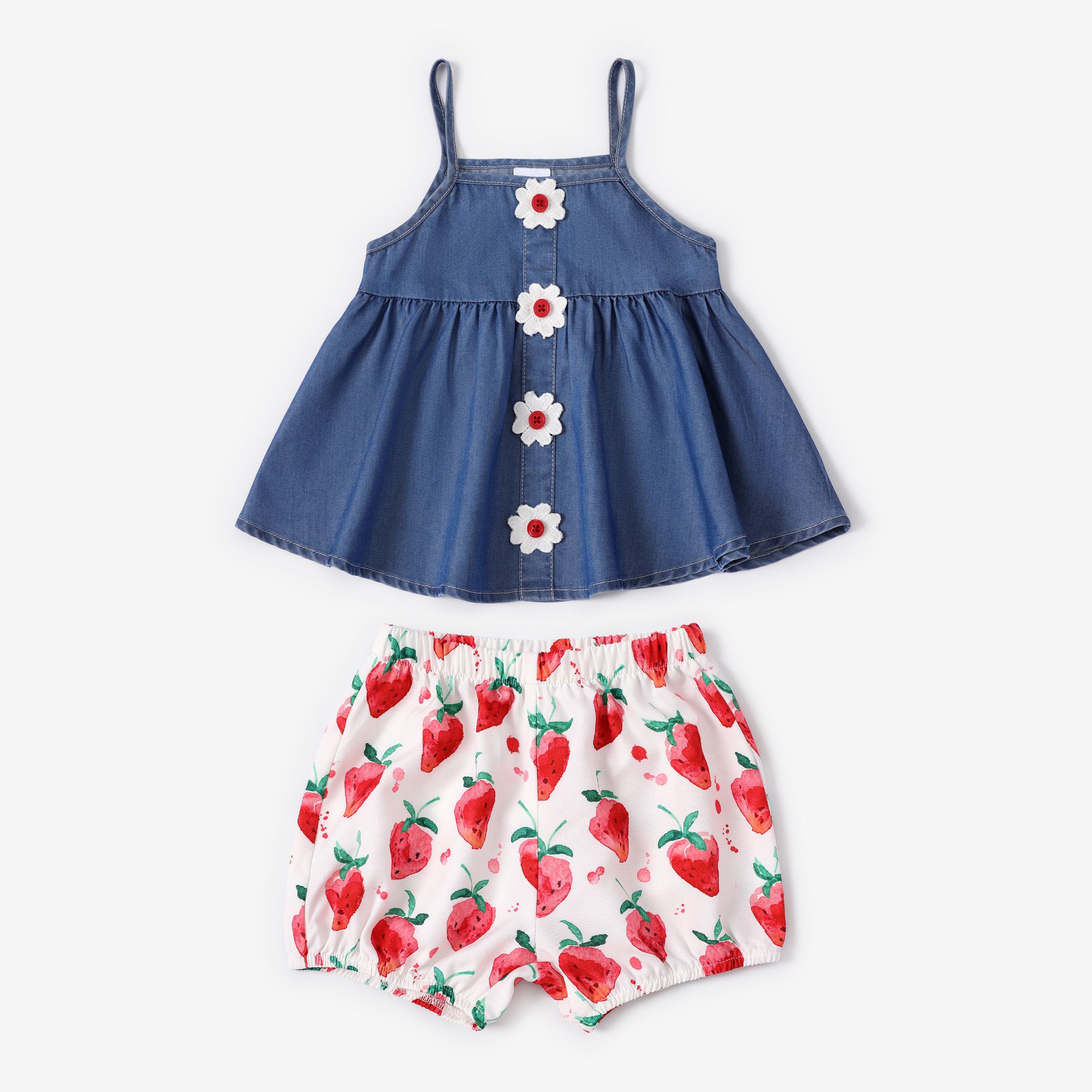 Baby Girl 2pcs Cooling Denim Camisole and Floral Print Shorts Set