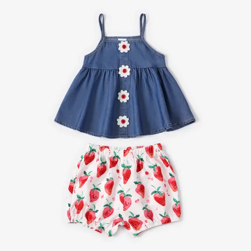 Babymädchen 2-teiliges Set aus kühlendem Denim-Top und Shorts mit Blumendruck