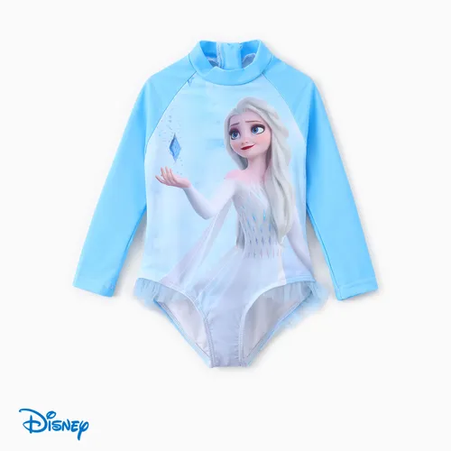 Disney Frozen Toddler Girls Elsa 1件字元印花長袖網眼荷葉邊下擺泳衣
