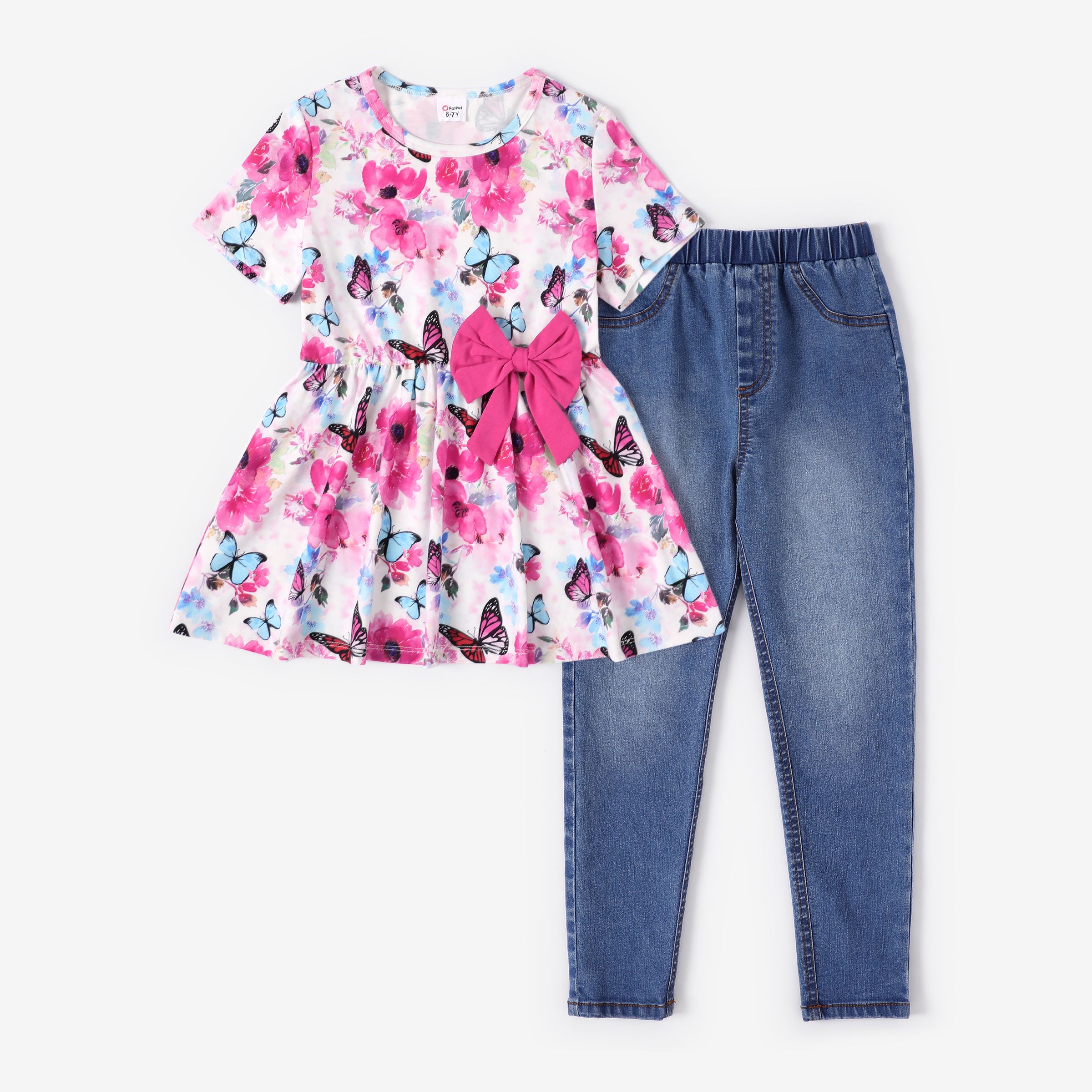 Kid Girl 2pcs Cooling Denim Floral Print Top and Jeans Set