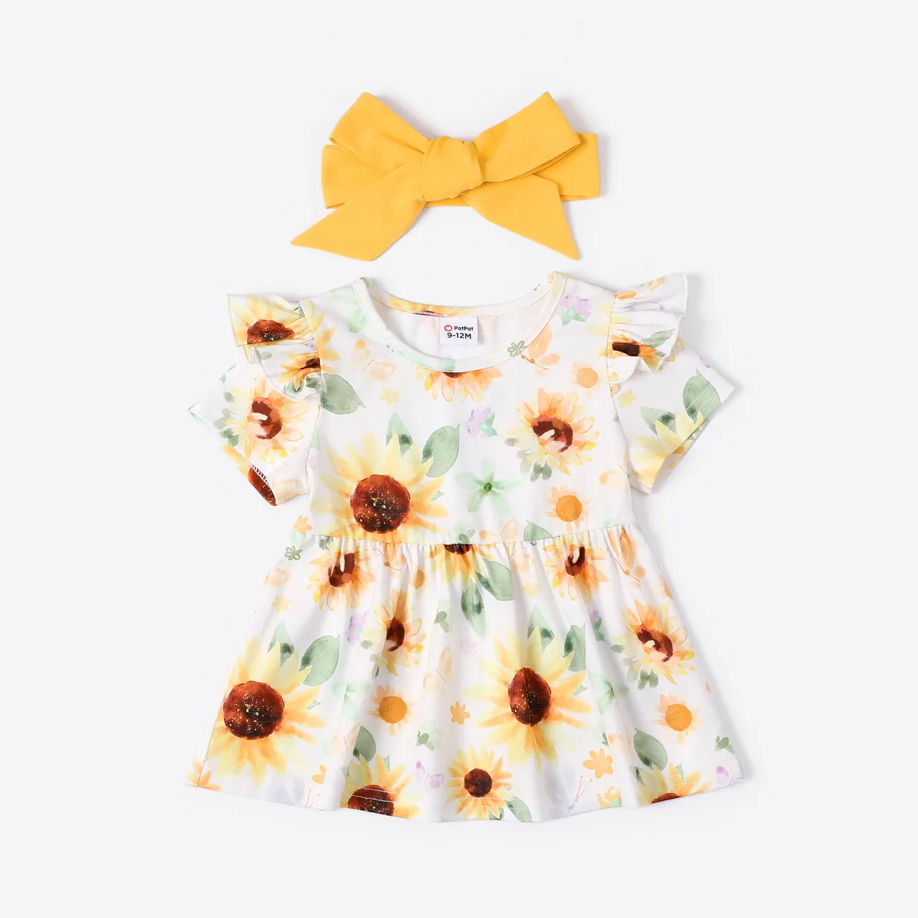 Baby Girl 3pcs Floral Print Top and Denim Jeans with Headband Set Yellow big image 1