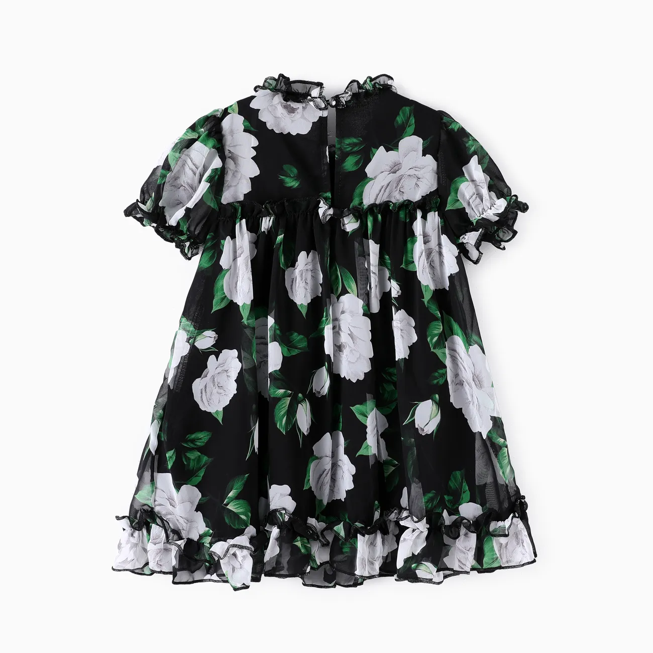 Toddler Girl Sweet Floral Print Mesh Ruffled Dress Black big image 1