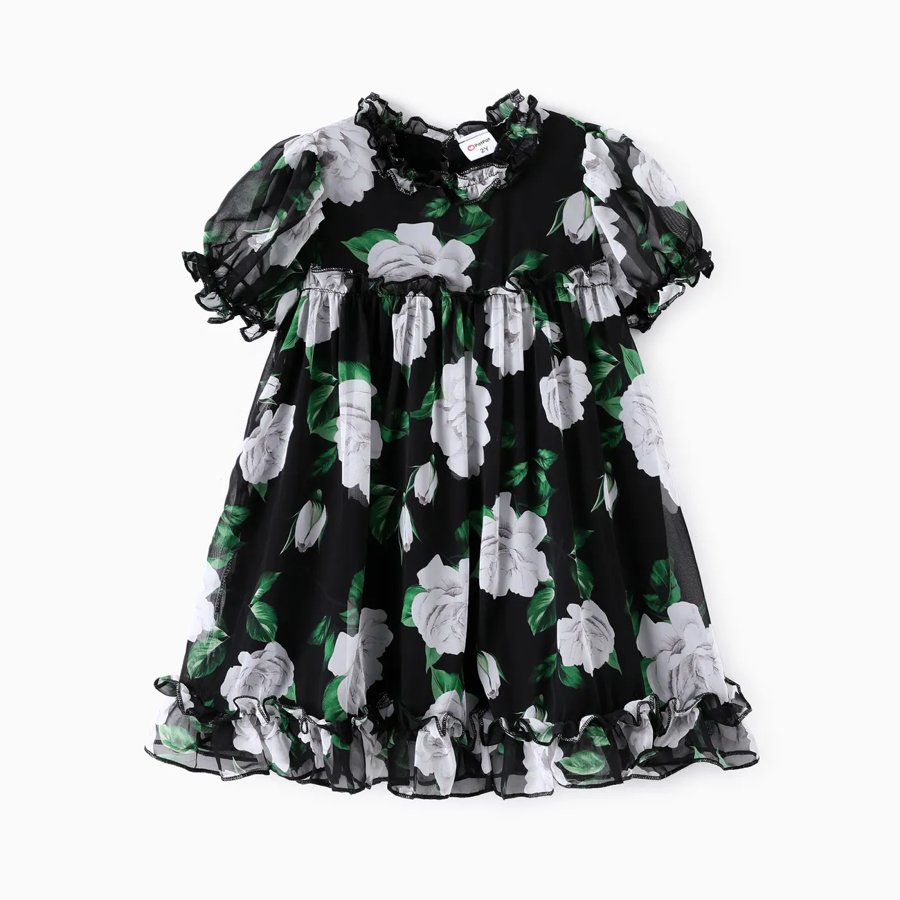Toddler Girl Sweet Floral Print Mesh Ruffled Dress Black big image 1