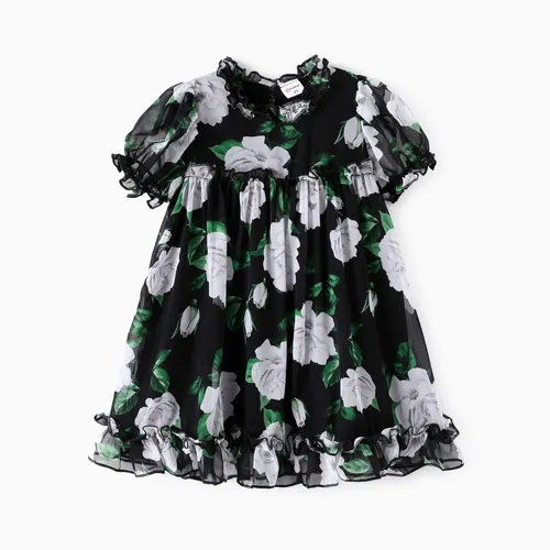 Ensemble de robe en coton pour fille avec bordure d'agaric et grand motif floral - 1 pièce.