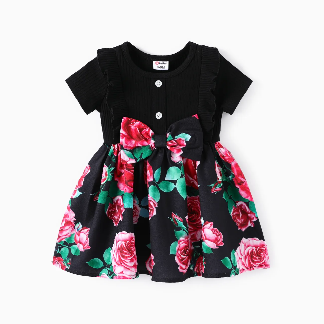 Baby Rüschenrand Große Blume Elegant Kurzärmelig Kleider schwarz big image 1