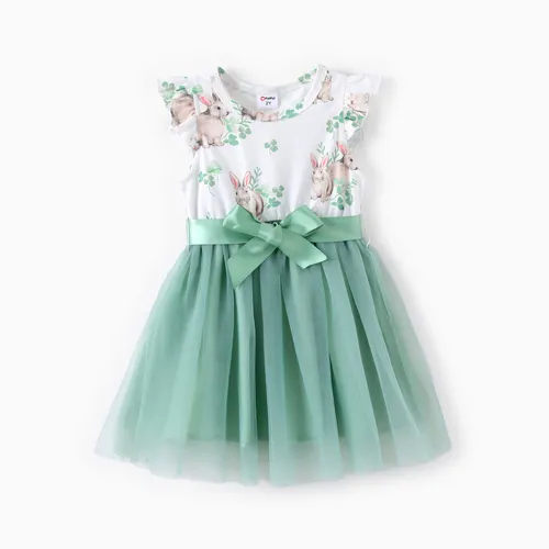Kleinkind-Mädchen-Kaninchen-Print-Kleid mit Flatterärmeln und Mesh-Spleißen