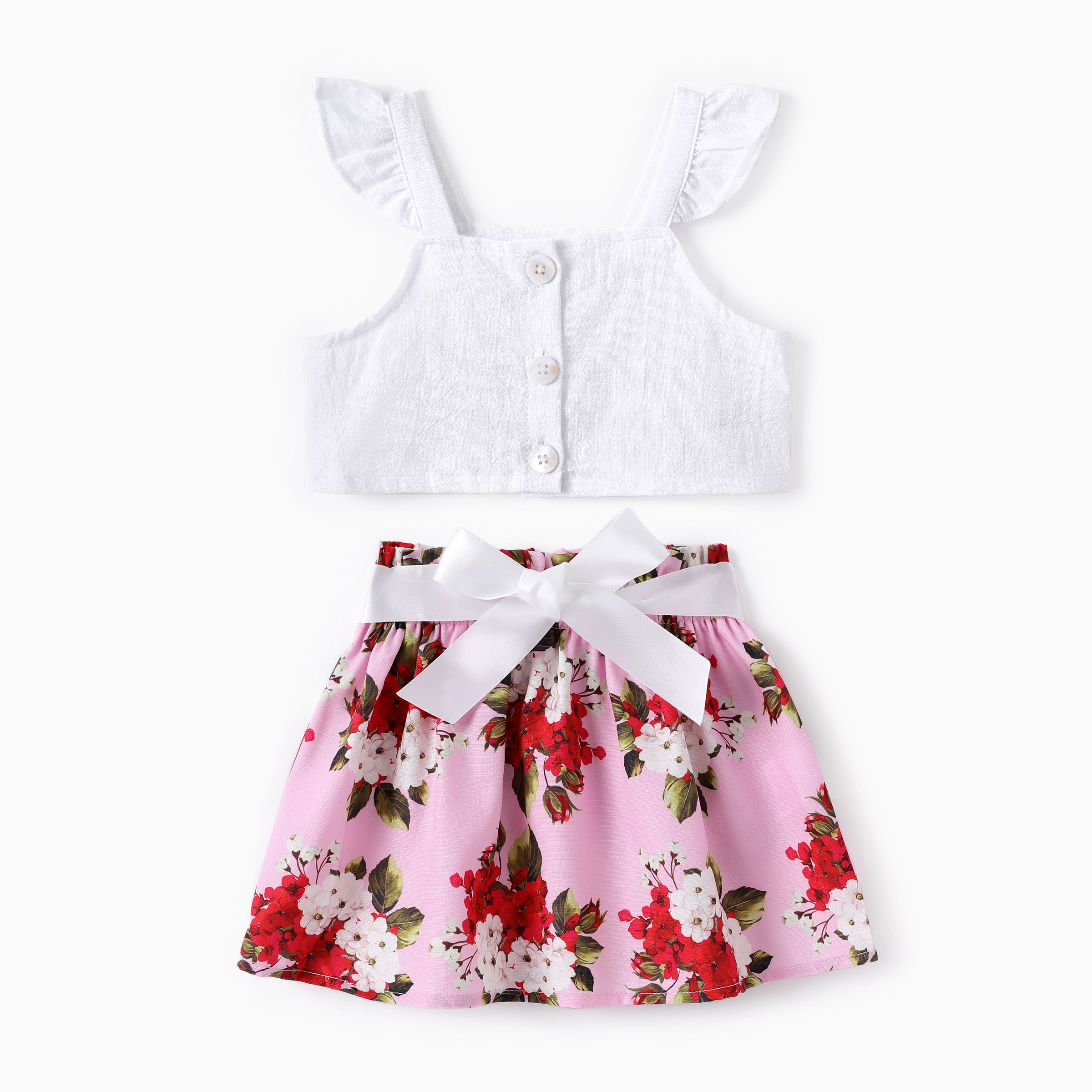 Baby Girl 2pcs Sweet Flutter-sleeve Crop Top and Floral Print Skirt Set