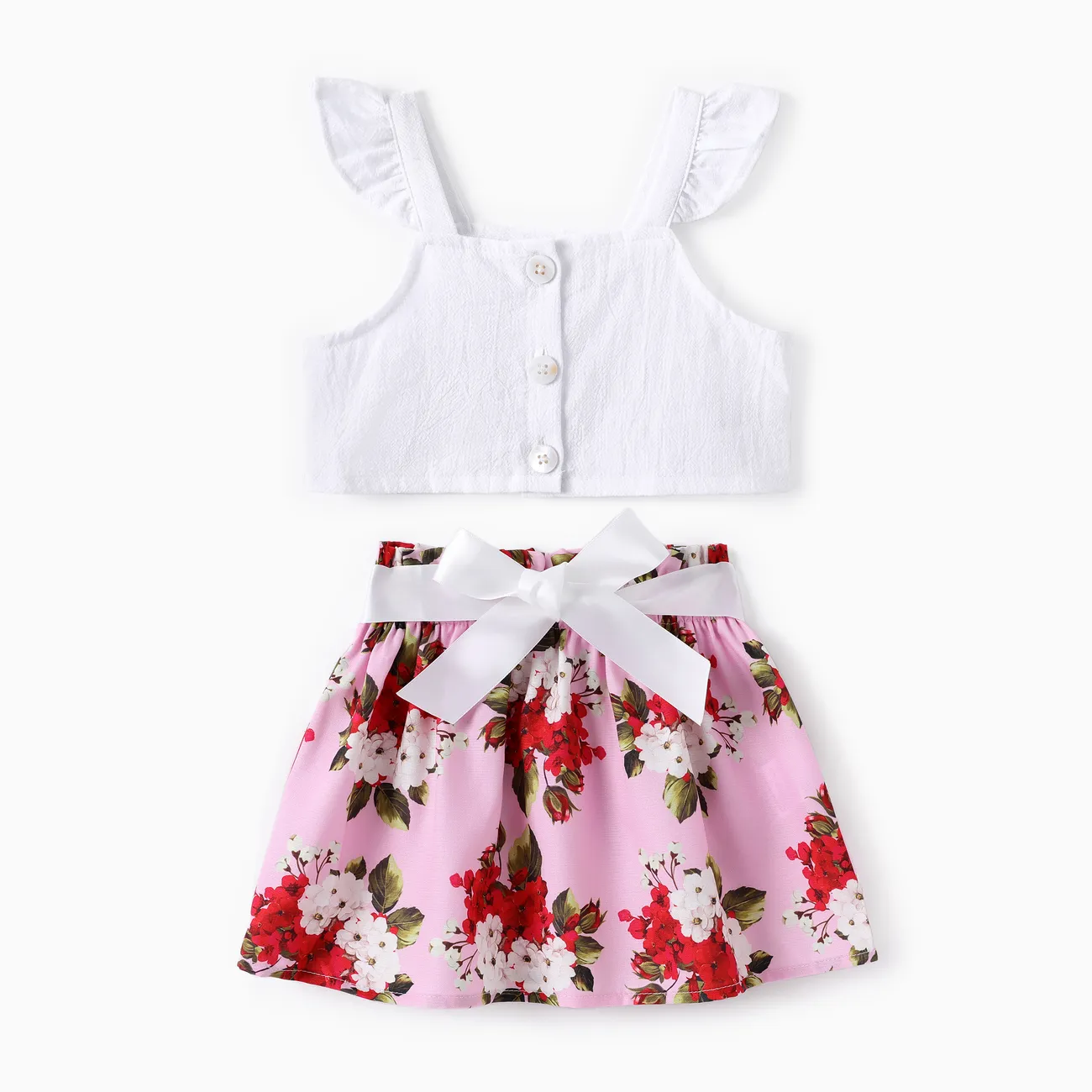 Baby Girl 2pcs Sweet Flutter-sleeve Crop Top and Floral Print Skirt Set Color block big image 1
