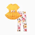 2pcs Kid Girl Bow Front Peplum Top and Plant Floral Pants Set  Yellow