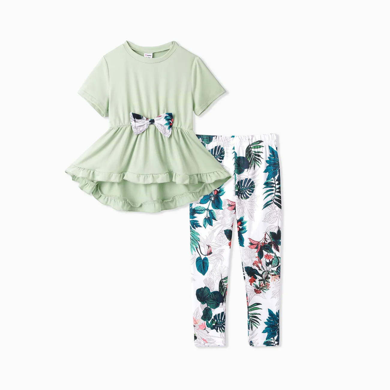 2pcs Kid Girl Bow Front Peplum Top and Plant Floral Pants Set  Green big image 1