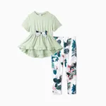 2pcs Kid Girl Bow Front Peplum Top and Plant Floral Pants Set  Green