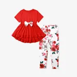 2pcs Kid Girl Bow Front Peplum Top and Plant Floral Pants Set  Red