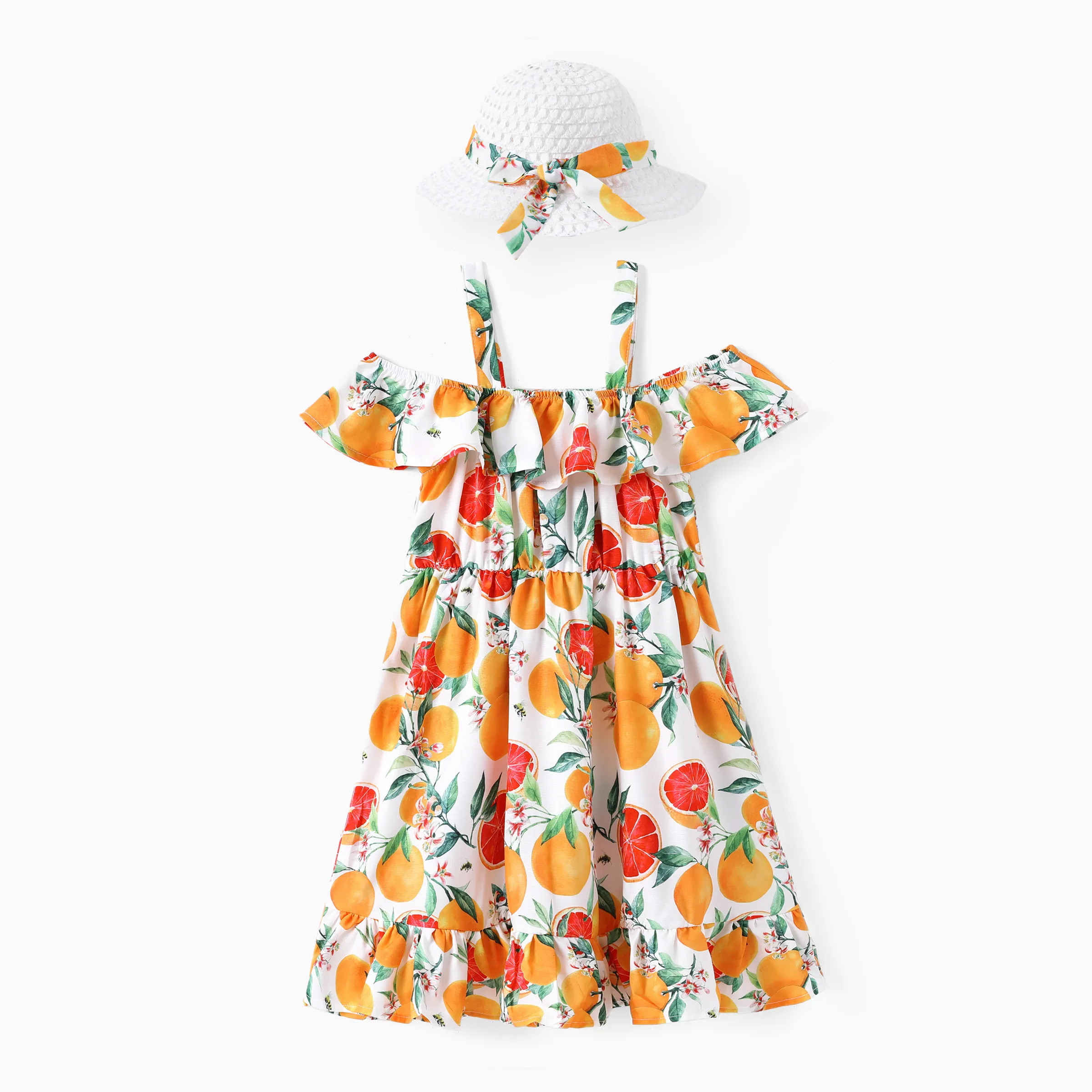 Kid Girl 2pcs Fruit Print Ruffled Cami Dress with Straw Hat