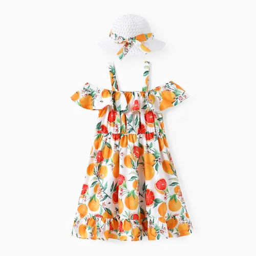 Kid Girl 2pcs Fruit Print Ruffled Cami Dress avec Chapeau De Paille